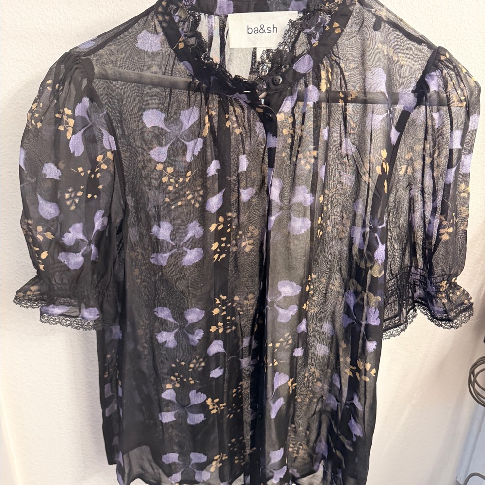 ba&sh Sheer Black and Purple Floral Blouse